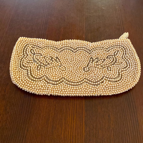 Vintage Le Jule Japan Ivory Beaded Zip Clutch Evening Party Holiday Bag - Picture 1 of 6